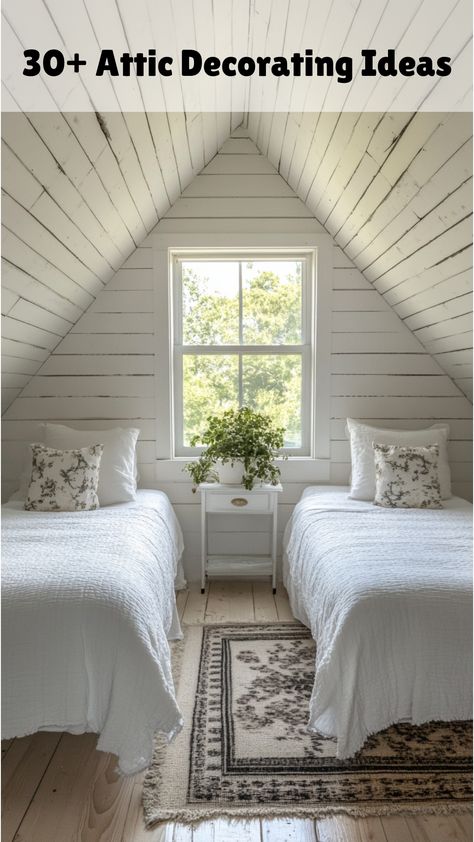 Attic guest room with two matching beds and neutral d�cor, featuring a simple design that emphasizes the sloped ceiling Bedroom In Attic Sloped Ceiling, Dormer Interior Ideas, Sloped Ceiling Room Ideas, Sloped Ceiling Master Suite, Attic Guest Room Sloped Ceiling, Attic Bedroom Designs Layout, Small Attic Bedroom Ideas Slanted Walls, Rustic Attic Bedroom, Attic Bedroom Ideas Slanted Walls