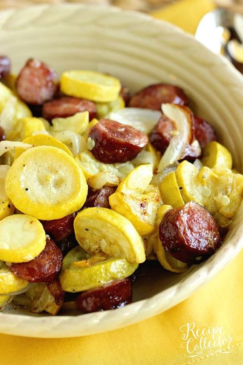 Sheet Pan Roasted Sausage and Squash - A quick and easy recipe with only a few ingredients.  It's perfect as a main dish or a side dish recipe. Yellow Squash And Sausage Recipes, Summer Squash And Sausage Recipes, Smoked Sausage And Squash Recipes, Roasted Squash And Potatoes, Sausage Squash Zucchini Dinners, Summer Sausage Meal Ideas, Sausage And Squash Recipes, Recipes With Squash, Sausage And Squash