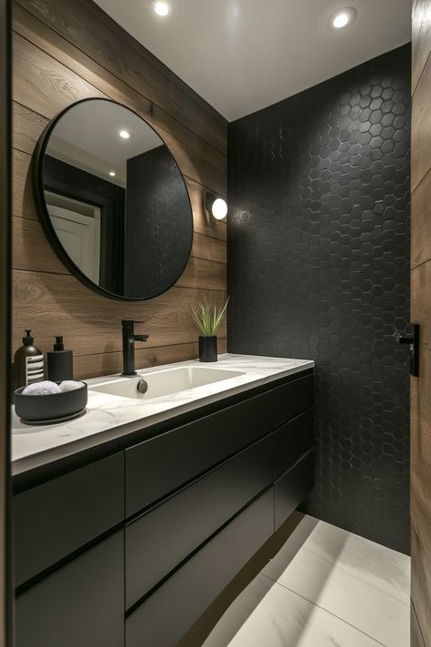 Transform your bathroom with sleek, modern wall art ideas that blend elegance and simplicity. Discover how wood textures and minimalist decor can enhance your space. Perfect for a contemporary touch! #WallArtIdeas #HomeDecor #BathroomDesign Concrete Wall Bathroom Ideas, Black And White Oak Bathroom, Black And Wooden Bathroom, Texture Bathroom Walls, Bathroom Panelling Ideas Shower Walls, Half Bathroom Decor Wallpaper, Modern Half Bathroom Design, Bathroom Asthetic Picture, Black White Wood Bathroom