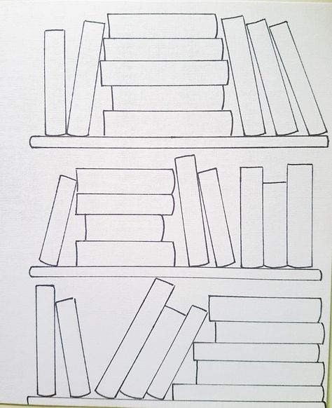 books on library shelf. Blank books to add your own titles, to add to scrapbooks or bullet journals. Created by jack.e bee, free to use. Book On Shelf Drawing, Blank Bookshelf Printable, Drawing Library Sketch, Book Shelf Bujo, Drawings Of Books On Shelf, Bookshelf Drawing Easy, How To Draw Bookshelf, Book Shelf Painting Ideas, Stack Of Books Drawing Simple