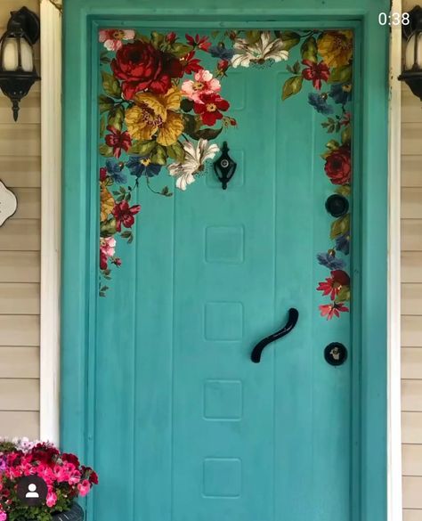 Mexican Painted Doors, Door Frame Painting Ideas Creative, Stencil Door Ideas, Maximalist Front Door, Floral Painted Front Door, Front Door Murals Painted, Floral Door Painting, Whimsical Front Door, Hand Painted Front Door