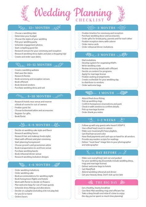 One-page printable wedding planning checklist to help you organize your wedding the best way. It is divided into 11 timeline sections: +12 months:  10-12 months 8-10 months 6-8 months 4-6 months 3 months 2 months 1 month 1-2 weeks day before the big day Each section has the most common activities you have to complete during this period of time. All templates are available in A4, A5, Letter and Half Letter sizes.  #weddingbindertemplates #weddingchecklistpdf #weddingguestlist #organization #Plann Wedding Checklist Timeline Printable, Small Wedding Planning Checklist, Wedding Checklist Template, Complete Wedding Checklist, Wedding Planning Checklist Printable, Wedding Planning Templates, Wedding Checklist Timeline, Free Wedding Planner Printables, Wedding Checklist Printable