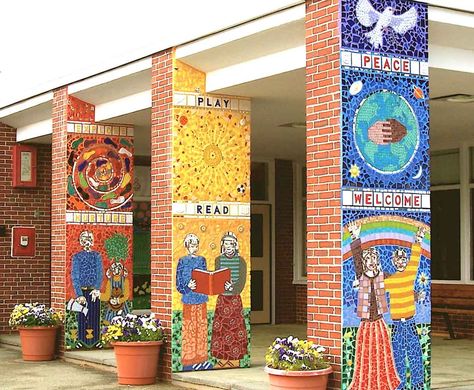 welcome mosaic at the entrance of a school School Mosaic Mural, Wayland Massachusetts, Colored Grout, Outdoor Mosaic, Mosaic Mural, Brick Columns, Legacy Projects, Mural Artist, Mirror Handmade