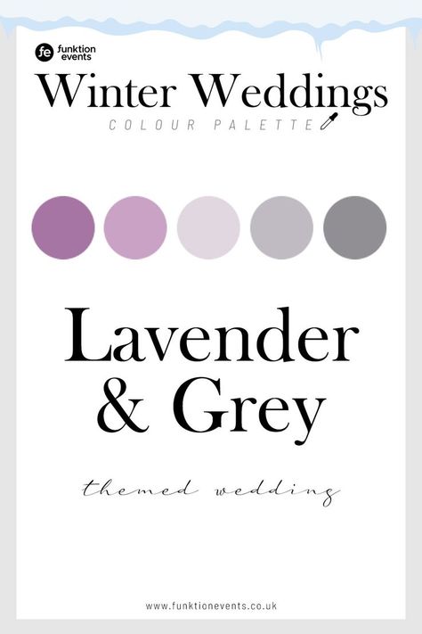 A mix of grey tones blending into lavender makes for a wedding that not only feels festive but soft and subtle. See more winter wedding colour schemes by clicking through to our blog. #winterwedding #weddingtheme #weddingcolours #weddingcolourschemes #weddingplanning #lavender #grey #purplewedding Winter Wedding Colour Schemes, Lavender Grey Wedding, Grey Winter Wedding, Wedding Colour Schemes, Grey Colour Palette, Palette Winter, Wedding Color Schemes Winter, Hen Party Ideas, Winter Wedding Color Palette