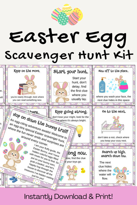 Get ready for an egg-citing adventure with our Printable Easter Scavenger Hunt! This whimsical quest is designed for kids to hop into the world of fun, exploring their surroundings with a list of Easter-themed clues that will have them giggling and guessing. Instantly download and print, or edit to change the clues to suit your home, classroom, church, or other location! Easter Hunt Clues, Easter Scavenger Hunt For Kids, Kids Scavenger Hunt, Easter Scavenger Hunt, Easter Activity, Morning Activities, Easter Hunt, Easter Games, Easter Morning