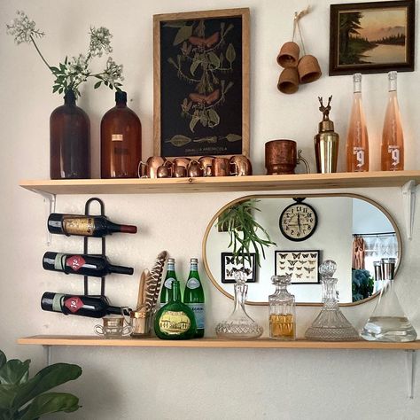 Bar Area In Living Room Small Spaces, Bar Cart And Shelves, Small Cocktail Bar Ideas, Wall Shelves Dining Area, Bar Cart Shelves Above, Bar Cart Floating Shelves, Floating Shelves Above Bar Cart, Small Bar Set Up At Home, Wall Shelves In Kitchen