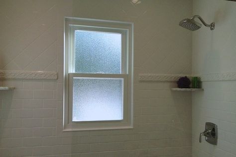 obscured glass window in shower What To Do With Shower Window, Obscure Window Ideas, Shower Window Privacy Ideas, Shower Stall With Window, Obscure Glass Window Bathroom, Windows In Shower Solution, Tiled Shower With Window, Shower Blinds, Shower Window Privacy