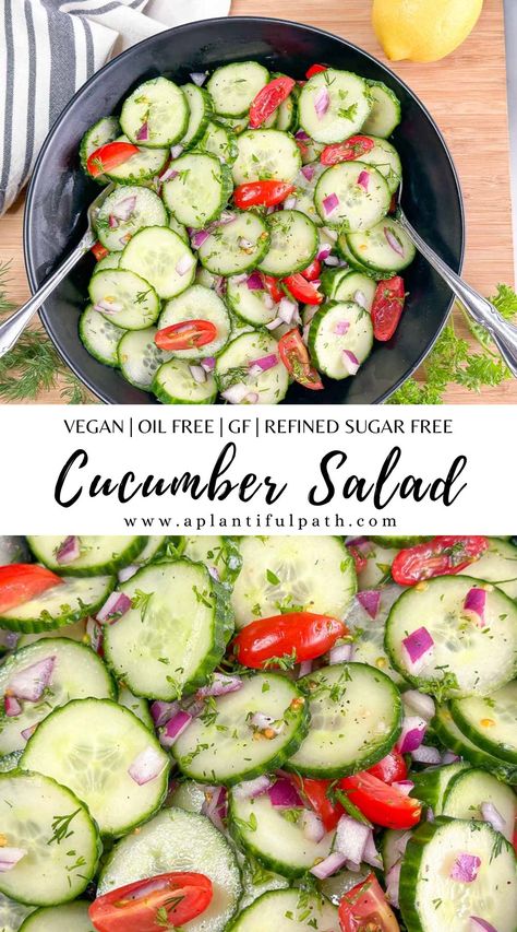 Cool, crisp and tangy, this fresh vegan cucumber salad will delight your taste buds, bite after flavorful bite. Simple to make in as little as 15 minutes, and great any time of year, especially during those hot summer days. Raw Veggie Salad, Vegan Cucumber Recipes, Til Tok Cucumber Salad, Plant Based Cucumber Recipes, Vegan Cucumber Appetizers, Vegan Cucumber Bites, Raw Vegetable Recipes, Trending Cucumber Salad, Vegan Cucumber Salad