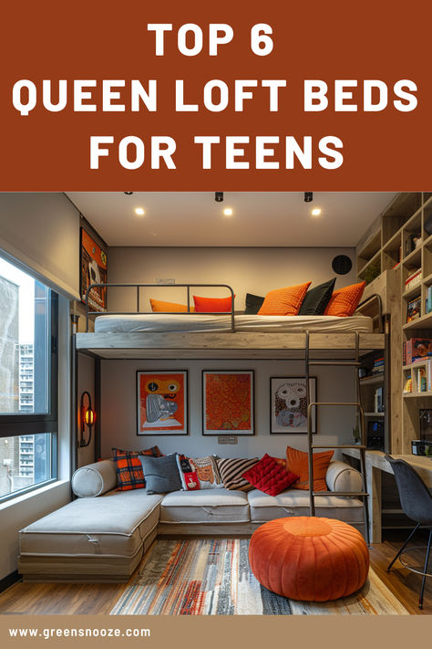 small bedrooms, queen loft bed, teen bedrooms, teen bedroom furniture Raised Bed Teen Room, Cozy Space Under Loft Bed, Queen Bed With Loft Above, Queen Bed Loft Ideas, Queen Loft Bed Ideas For Small Rooms, Shared Teenage Room, Teenage Loft Bed, Loft Ideas For Small Rooms, Loft Bed Over Queen Bed