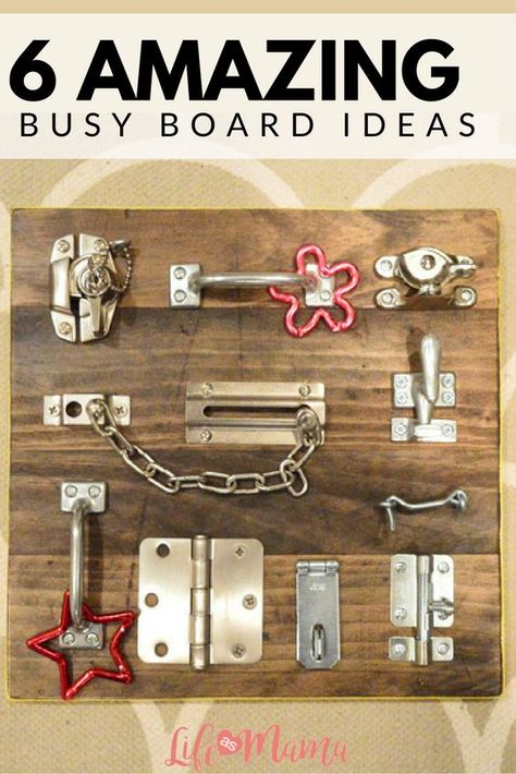 A great way to keep your toddler entertained, learning and just plain busy is to build them a busy board! All you need is a piece of wood and any odds and end that toddlers love to play with: locks, light switches, door stoppers, wheels, bells- you name it! Oppgaver For Barn, Diy Busy Board, Latch Board, Busy Boards, Boys Playroom, Busy Boards For Toddlers, Young House, Childs Play, Sensory Boards