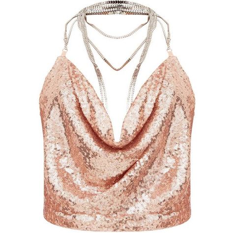 Rose Gold Cowl Neck Sequin Chain Crop Top ($30) ❤ liked on Polyvore featuring tops, cut-out crop tops, cowlneck top, rose gold sequin top, rose gold crop top and crop top Gold Sequin Top Outfit, Rose Gold Shirt, Rose Gold Sequin Top, Slytherin Girl, Sequins Top Outfit, Chain Crop Top, Xv Ideas, Silver Crop Top, Cloth Collection