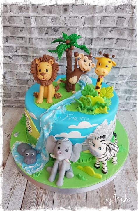 Happy jungle cake by Sweet cakes by Masha Gateau Baby Shower Garcon, Jungle Safari Cake, Jungle Birthday Cakes, Zoo Cake, Jungle Theme Cakes, Animals Cake, Jungle Thema, Animal Birthday Cakes, Jungle Theme Birthday