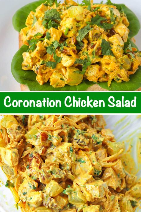 This Coronation Chicken Salad is quick and easy to make, exploding with bright flavors, and incredibly delicious in a sandwich, wrap, lettuce cups, or salad! Cooked cold chicken gets tossed with sautéed curry spiced onion, dried apricots, grapes, toasted pecans, coriander and mint leaves in creamy mayonnaise! #coronationchickensalad #currychickensalad #chickensalad #glutenfree #summer #lunch #sandwich #mealprep #lettucecups | That Spicy Chick Coronation Salad Recipe, Chicken Salad With Red Peppers, Apricot Chicken Salad Recipe, Easy Coronation Chicken Recipe, Coronation Chicken Curry, Cold Curry Chicken Salad, Coronation Chicken Salad Recipe, Cold Chicken Lunch Ideas, Easy Summer Lunch Recipes