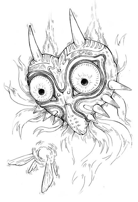 Majora's Mask Tattoo, Zelda Drawing, Zelda Tattoo, Mask Drawing, Mask Tattoo, Majoras Mask, Zelda Art, Legend Of Zelda Breath, Masks Art