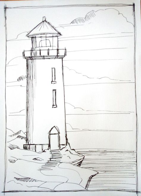 Drawing Of Lighthouse, Light House Drawing Sketches, Beach Drawing Ideas, Lighthouse Sketch, Lighthouse Drawing, Abstract Pencil Drawings, Boat Drawing, Lighthouse Painting, Lighthouse Pictures