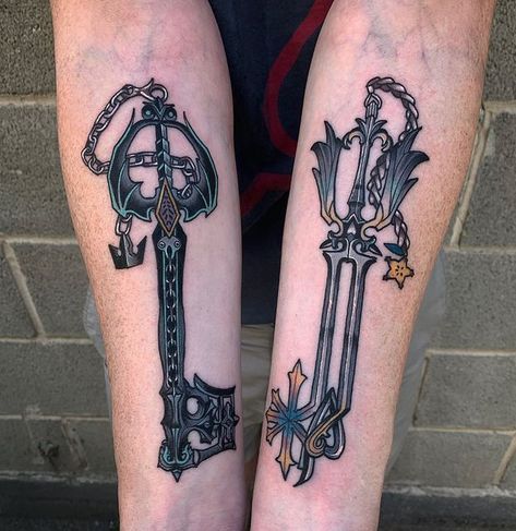 Keyblade Tattoo Kingdom Hearts, Oblivion Keyblade Tattoo, Matching Gothic Tattoos, Keyblade Tattoo, Purple Heart Tattoos, Kingdom Hearts Tattoo, Rad Tattoos, Neat Tattoos, Kingdom Hearts Keyblade