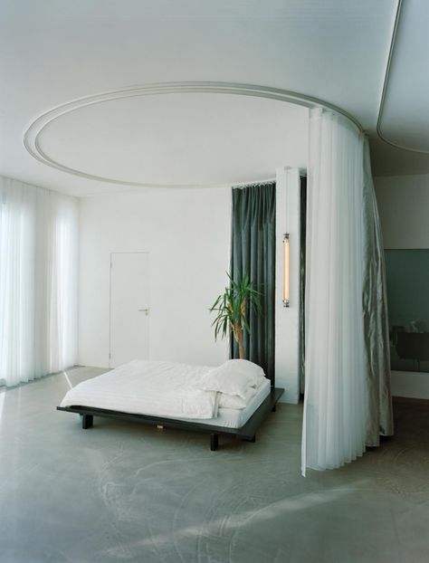 MATERIAL WORLD Two draperies, translucent and opaque, encircle the bed. Circular Curtain, Circular Bed, Sabine Marcelis, Bed Drapes, Dutch House, Pink Sofa, Apartment Tour, Bed Curtains, Handmade Tiles