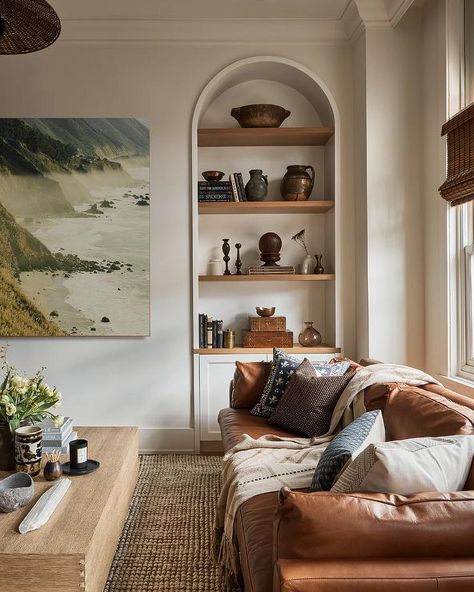 Boho Transitional Living Room, Ashley Montgomery, Leather Couch Living Room Decor, Brown Leather Couch Living Room, Styling Bookshelves, Leather Couches Living Room, Brown Leather Couch, Couch Styling, Brown Leather Sofa