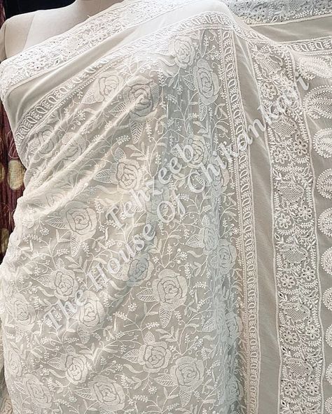 Buy exclusive and luxurious collections of hand embroidered Lucknow Chikankari on 100% pure fabric . Items purchased by us can be dyed in any shade and emblishments can also be done on order from Mukaish kamdani Zardosi pearl gottapatti parsigara mirror and much more . Stitching services available . Fabric we work on are pure Georgette chanderi silk mulmul muslin organza silk . Anjul bhandari, Abu jani Sandeep Khosla, Neeta Lulla, Ambani,  Tarun Tahiliani, Ritu Kumar Shipping Available Worldwide Chikankari Saree, Elegant Fashion, Hand Embroidered, Lace Top, Saree, Pure Products, Wedding Dress, Women's Top, Fabric