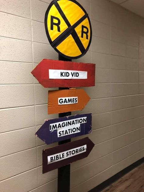 Train Theme Classroom, Vbs Train Theme, Road Trip Vbs, Birthday Diy Decor, Sunday School Classroom Ideas, Train Vbs, Brain Breaks Elementary, Stem Station, School Hallway Decorations