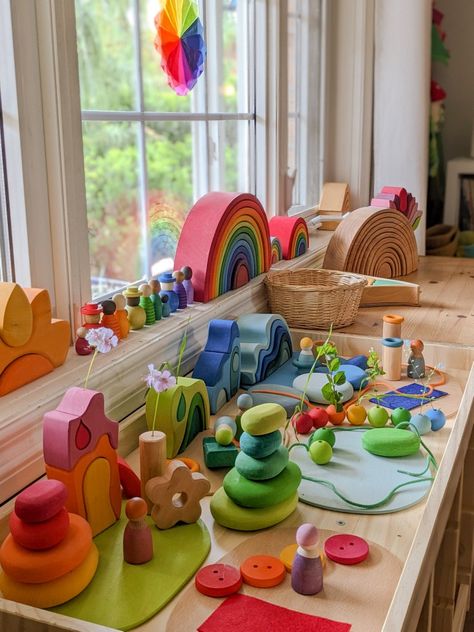 Magical open ended wooden toys by Grimm's and Grapat. Beige Mom, Waldorf Playroom, Rocking Bed, Grimm's Toys, Wooden Rocking Chair, Rocking Cradle, Waldorf Inspired Toys, Montessori Playroom, Kids Armchair