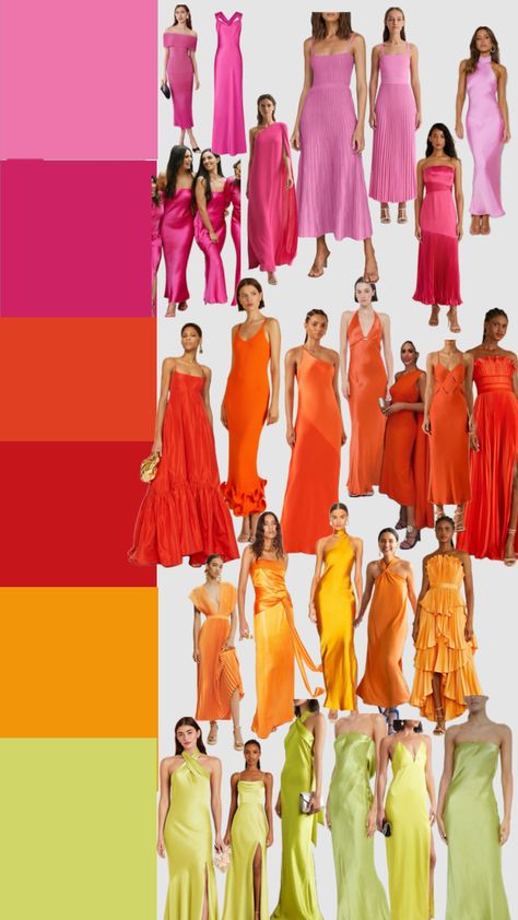 Created by carrotop1095 on Shuffles Sunset Wedding Colors, Bridesmaid Dresses Color Palette, Bridesmaid Color Palette, Bridesmaid Dress Color Schemes, Cocktail Wedding Attire, Sunrise Wedding, Multicolor Wedding, Fashion Show Themes, Black And White Wedding Theme