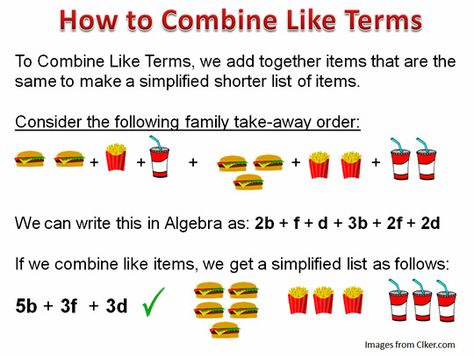 combining like terms - Google Search Junior High Math, Simplifying Algebraic Expressions, Simplifying Expressions, Math Expressions, Grade 6 Math, Sixth Grade Math, Combining Like Terms, Algebra Worksheets, Algebraic Expressions