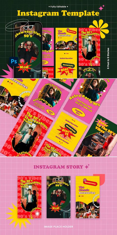 Retro Instagram Post and Story Templates PSD Retro Story Instagram, Retro Instagram Feed, Retro Instagram Story, Retro Instagram Post, Retro Pool Parties, Retro Instagram, Old School Radio, Nail Room, Instagram Grid