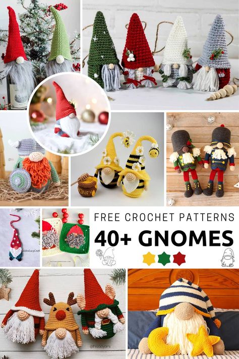 From gnome ornaments to dolls and bottle toppers, here's a comprehensive list of free crochet gnome patterns with tutorials for a cuteness overload in your living space. Amigurumi Ornaments, Crochet Gnomes Pattern Free, Crochet Gnomes, Gnome Amigurumi, Crochet Gnome, Crochet Christmas Ornaments Free, Crochet Chicken, Crochet Xmas, Crochet Christmas Decorations