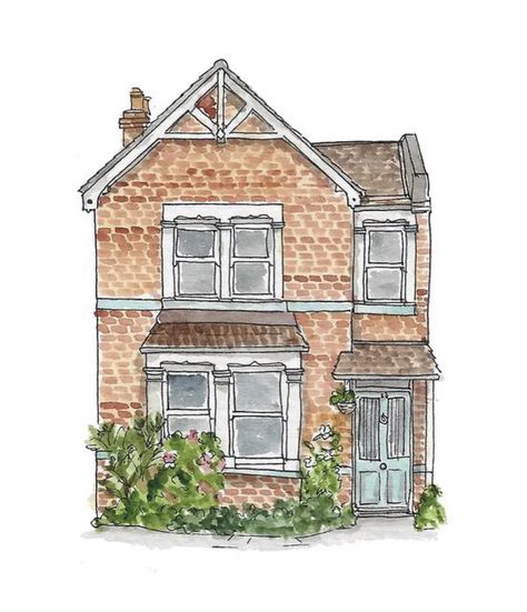 Suburban House Drawing, Brick House Illustration, Brick Building Drawing, Watercolour Buildings Simple, Brick House Drawing, Watercolor Buildings Easy, Cottage House Drawing, Watercolour Buildings, Prints Business