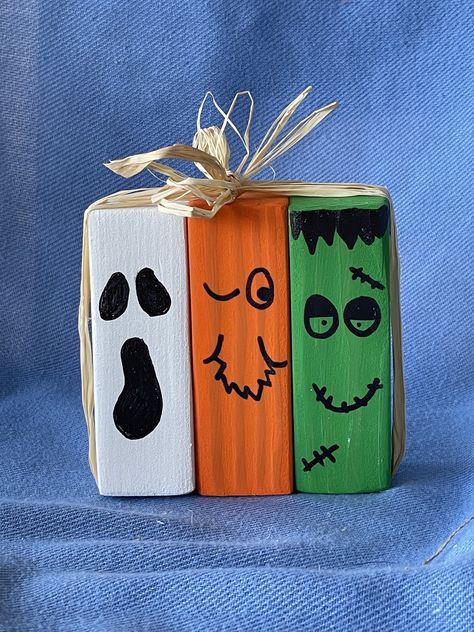 Small / Halloween Monster Blocks  1 - Old Soul AZ Crafts From Jenga Blocks, Halloween Homemade Decor, Halloween Blocks Wooden, Halloween Jenga Block Crafts, 2x4 Signs, Painted Logs, Jenga Block Crafts, 4x4 Wood Crafts, Jenga Crafts