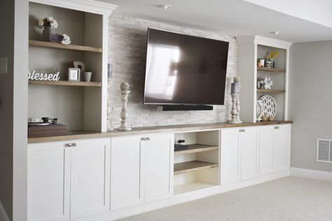 Installing Built Ins in a Newly Finished Basement - Hilltown House Built In Entertainment Center, Built In Shelves Living Room, Living Room Built Ins, Living Room Entertainment Center, Basement Living Rooms, Basement Makeover, Basement House, Living Room Entertainment, Wall Units