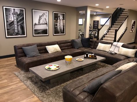 Brown Couch Basement Ideas, U Couch, Brown Sectional, Brown Couch, Basement Renovation, Making A House A Home, Basement Bar, Basement Remodel, Basement Design