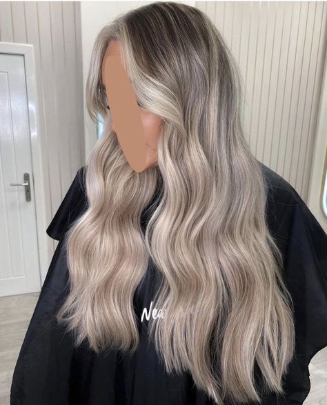 Platinum Blonde Hair On Brown Hair, Ice Balayage Hair, Icy Silver Balayage, Blonde Ash Hair Balayage, Brown To Ice Blonde Balayage, Blond Ashy Hair Balayage, Ice Blonde And Brown Hair, Ash Blonde Teasy Lights With Shadow Root, Long Ash Blonde Hair Balayage