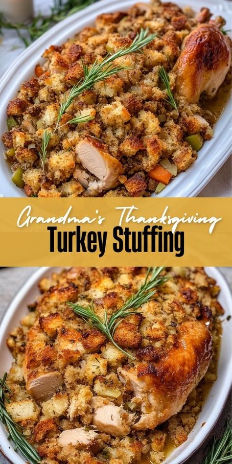 Looking for the perfect stuffing recipe for Thanksgiving? This Grandma’s Thanksgiving Turkey Stuffing is a family favorite that combines classic flavors with a little extra love. Made with fresh herbs, savory sausage, and bread cubes, it’s the perfect side dish to complement your holiday turkey. Easy to make, and a guaranteed crowd-pleaser! 🦃🍞 #ThanksgivingStuffing #GrandmasRecipe #HolidayRecipes #TurkeyStuffing #ThanksgivingSideDishes #StuffingRecipe #FamilyFavorites Young Turkey Recipe Thanksgiving, Thanksgiving Sides For Two, Homemade Stuffing Recipe Thanksgiving Sausage, Turkey Sides Ideas, How To Stuff A Turkey, Thanksgiving Stuffing Recipes Best, Bread Stuffing Recipes Thanksgiving, Grandmas Stuffing, Stuffed Turkey Recipes