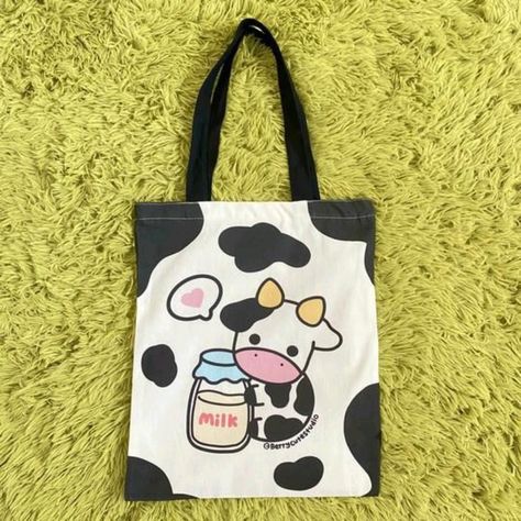 Diy Tote Bag Design, Handpainted Tote, Handpainted Tote Bags, Strawberry Cow, Diy Tote, Painted Tote, Diy Tote Bag, The Cow, Cute Tote Bags