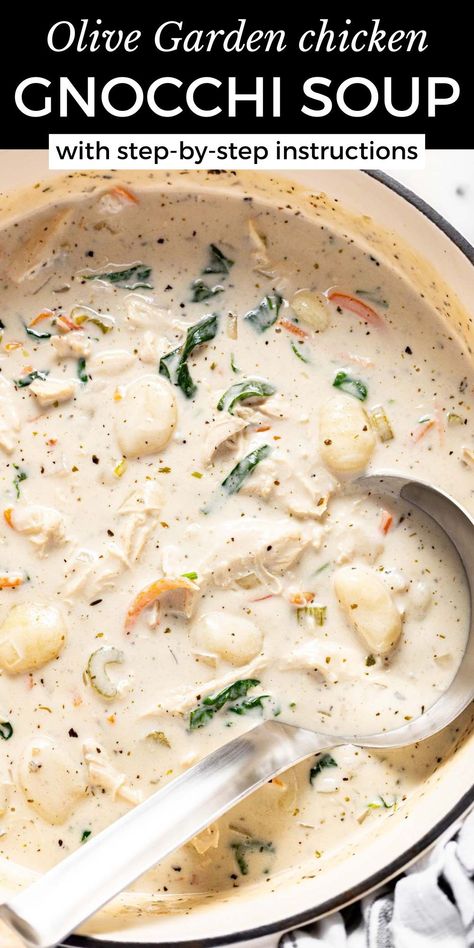 If you love chicken and gnocchi soup at Olive Garden, you are going to LOVE LOVE LOVE this recipe. This homemade version tastes even better than the popular chain restaurant and comes together all in one pot in less than 30 minutes! It's filled with shredded chicken, pillowy gnocchi, and tender veggies in a super creamy, herb-filled broth. Creamy Chicken Gnocchi Soup, Creamy Chicken Gnocchi, Chicken Gnocchi Soup Recipe, Gnocchi Recipes Soup, Crockpot Recipes Ground Beef, Olive Garden Chicken Gnocchi, Chicken Gnocchi Soup Olive Garden, Crockpot Recipes Chicken, Chicken Gnocchi