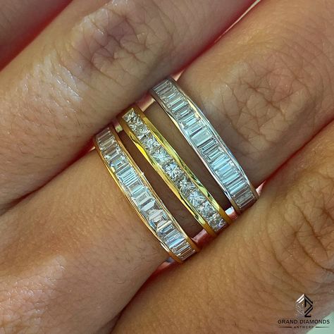 18k wedding bands channel set with princes cut diamonds, baguette diamonds and emerald cut diamonds Chanel Set Baguette Band, Chanel Wedding Band, Baguette Wedding Band With Emerald Ring, Emerald Baguette Wedding Band, Chanel Set Wedding Band, Emerald Cut Wedding Band, Princes Cut, Chanel Wedding, Colored Wedding Bands