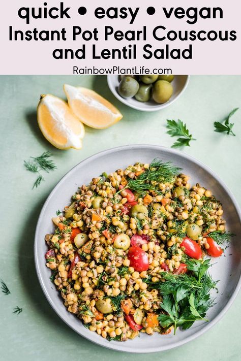 This Instant Pot Pearl Couscous and Lentil Salad is an easy dump-and-go Instant Pot recipe that’s a light, healthy vegan recipe perfect for summer. Featuring French green lentils, pearl couscous, and a zingy vinaigrette with lots of fresh herbs. Rainbow Plant Life, French Green Lentils, Pearl Couscous, Vegan Instant Pot Recipes, Instant Pot Cookbook, Lentil Dishes, Instant Pot Recipe, Couscous Recipes, French Green