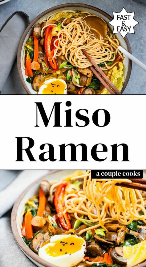 Here's a quick and easy miso ramen recipe you can make in just 30 minutes! The miso brings big flavor in a short cook time. #ramenrecipe #misoramen #ramennoodles #ramenrecipe #vegetarianramen #vegetarianrecipe #vegetarian #softboiledegg Easy Miso Ramen, Miso Ramen Recipe, Vegetarian Ramen Recipe, Asian Gf, College Recipes, Miso Recipe, Vegetarian Ramen, Soft Boiled Egg, A Couple Cooks