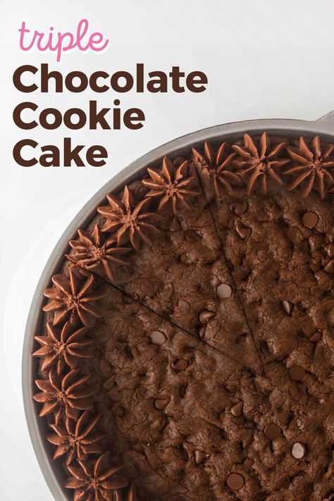 Brownie Cookie Cake Recipe, Lemon Cookie Cake, Cookie Cake Flavors, Chocolate Cookie Cake Recipe, Brownie Cookie Cake, Chocolate Cookie Cake, Cookie Cake Recipes, Double Layer Cookie Cake Recipe, Triple Chocolate Cookie Cake