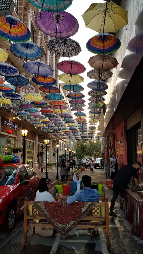 colorful decorations, umbrellas Colorful Cafe, Colorful Decorations, Missing Home, Funny Cat Wallpaper, Tehran Iran, Leather Industry, Tehran, Cat Wallpaper, Most Beautiful Places