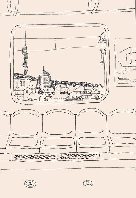 View Out Of Window Drawing, Back Ground Drawings, Train Scene Drawing, Looking Out Car Window Drawing, Drawing Window View, Train Interior Drawing, Istanbul Sketch Drawings, Train Drawing Aesthetic, Nyc Drawing Simple