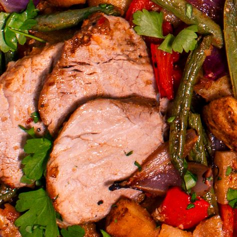 Cajun Pork Fillet Traybake with Vegetables | LovePork Pork Filet, Pork Fillet Recipes, Cajun Pork, Pork Satay, Fillet Recipes, One Pan Recipes, Pork Belly Slices, Pork Curry, Steak Dishes