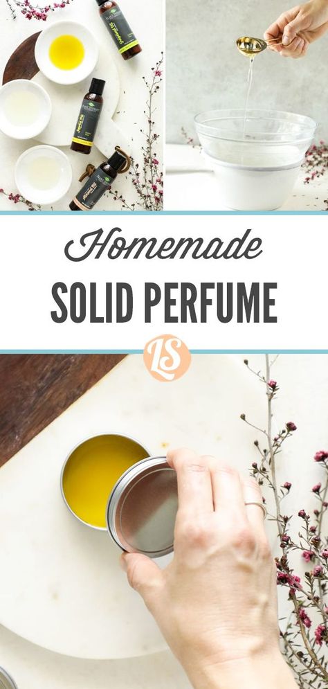 With just a few simple and natural ingredients you can make your own solid perfume with essential oils. Use this recipe as a base, adding your own custom scent. Perfume Base Recipe, Solid Perfume Recipes Essential Oils, Diy Solid Perfume Recipes, Essential Oil Perfume Blends Recipes, Diy Body Oil With Essential Oils, Perfume Souvenir Ideas, Perfume Marketing, Diy Solid Perfume, Solid Perfume Diy