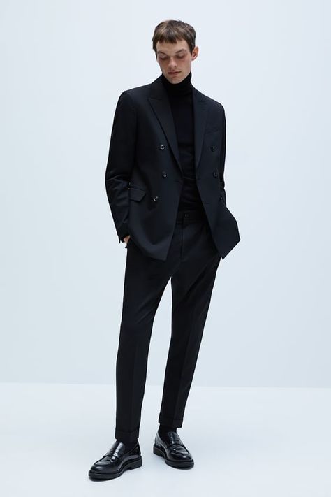 Double Breasted Blazer Men, Black Double Breasted Suit, Double Breasted Suit Men, Black Blazer Outfit, Zara Suits, Black Suit Men, Costume Noir, Straight Cut Pants, Natural Resource