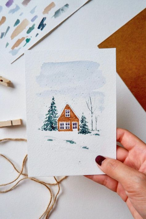 Wooden house in snowy winter painted in watercolor #watercolor #winter #snowy #illustration #postcard # christmas Christmas Watercolor Ideas Xmas Cards, Watercolor Christmas Cards Diy, Diy Postcard, Illustration Postcard, Watercolor House Painting, Watercolor Postcard, Watercolor Winter, Watercolor Paintings For Beginners, Winter Watercolor