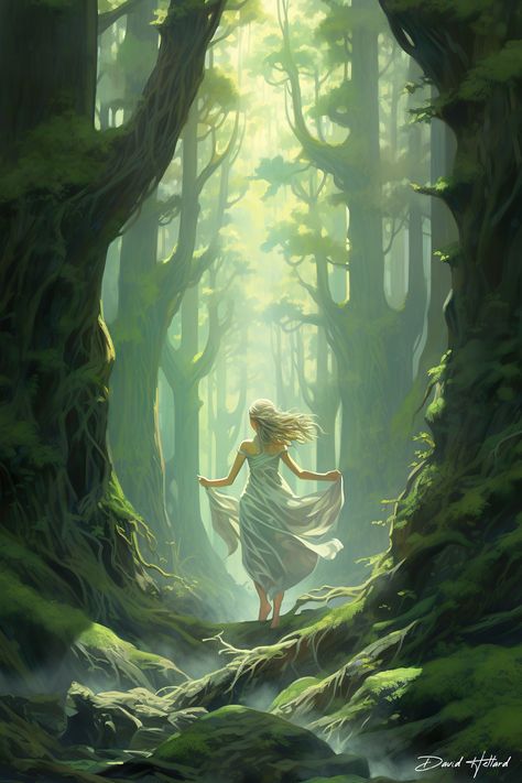 In this mesmerizing illustration, the dryad gracefully steps from the darkness of the forest into the gentle, golden light that filters through the foliage. Her form, a harmonious blend of nature and magic, symbolizes the delicate balance between shadow and illumination, capturing a scene that resonates with the human journey of self-discovery and growth. Available as an instant download printable image through my Etsy Store Fae Photoshoot, Magical Forest Illustration, Dancing In The Forest, Forest Fae, Spirit Of The Forest, Forest Drawing, Forest Light, Color Script, Forest Color