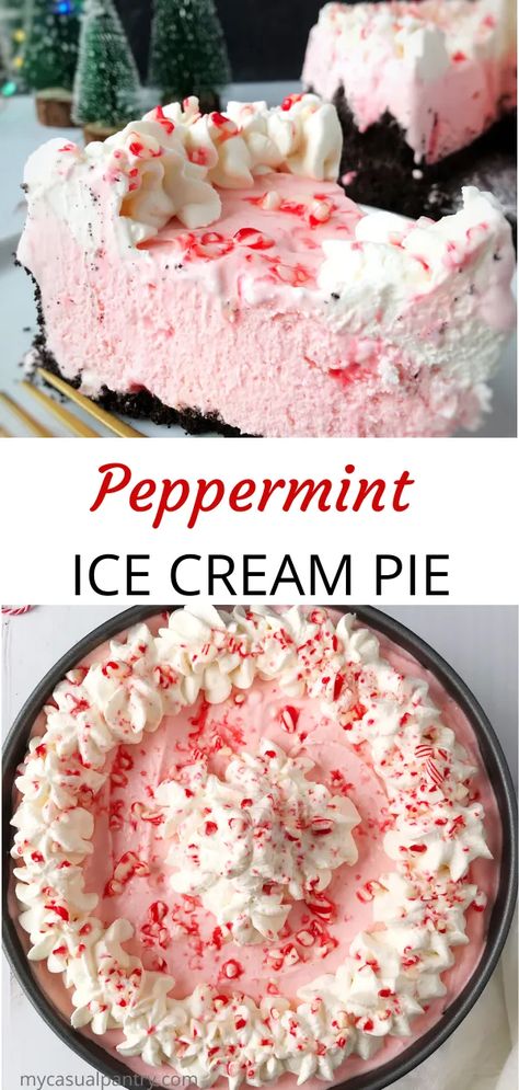 Peppermint Ice Cream Pie - dress up this favorite Christmas ice cream with an Oreo crust and whipped cream decoration.  This easy recipe is fun and festive and perfect for the holidays. | mycasualpantry.com #Christmas #icecream #pie #holidaybaking #sweets #treats #peppermint Peppermint Ice Cream Pie With Oreo Crust, Peppermint Ice Cream Cake, Peppermint Ice Cream Pie, No Bake Christmas Pie, Christmas Pies Recipes Holidays, Whipped Cream Decoration, Peppermint Ice Cream Dessert, Ice Cream Pie Recipes, Christmas Ice Cream Desserts