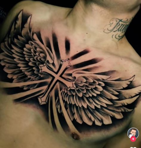 Men’s Back Neck Tattoo Ideas, Cross Chest Tattoo Men, Angel Wings Chest Tattoo, Chest Tattoo Wings, Wing Tattoo Men, Cross With Wings, Back Of Neck Tattoo, Full Back Tattoos, Wing Tattoo